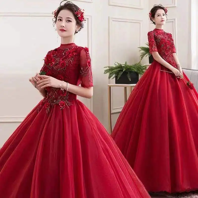 Wine Red Long Dress for Women Spring Summer New Solid Color Decal Sequin Square Collar A-line Skirt Elegant Female Clothing M147