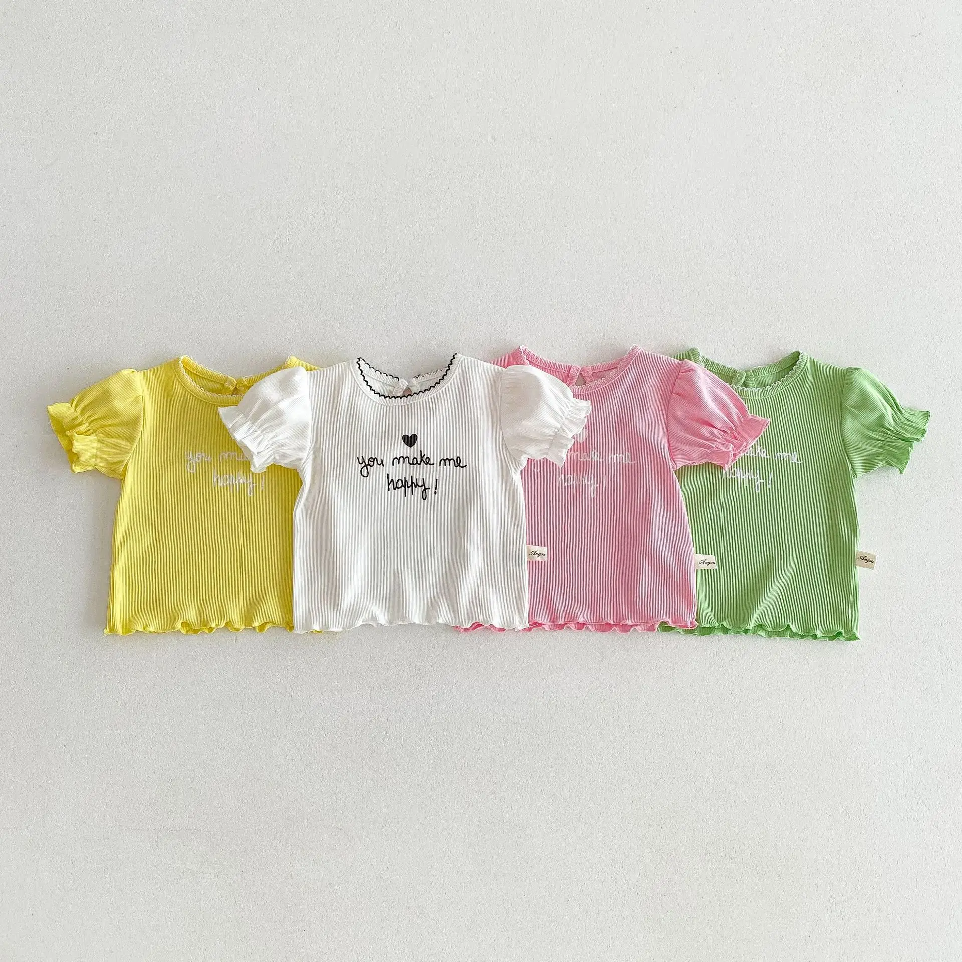 

T-shirt Children Flower Bud Short Sleeved Summer New Baby Sweet Baby Tops Puff Sleeve Fashion Round Collar 2024 Solid