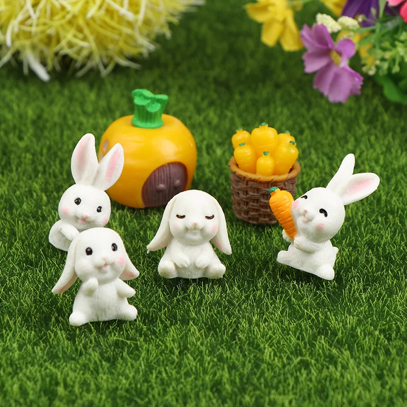 Conjunto de mini coelho e cenoura para casa de bonecas, 7pcs em 1, estátua em miniatura bonito, ornamento do jardim, decoração para micro cenário