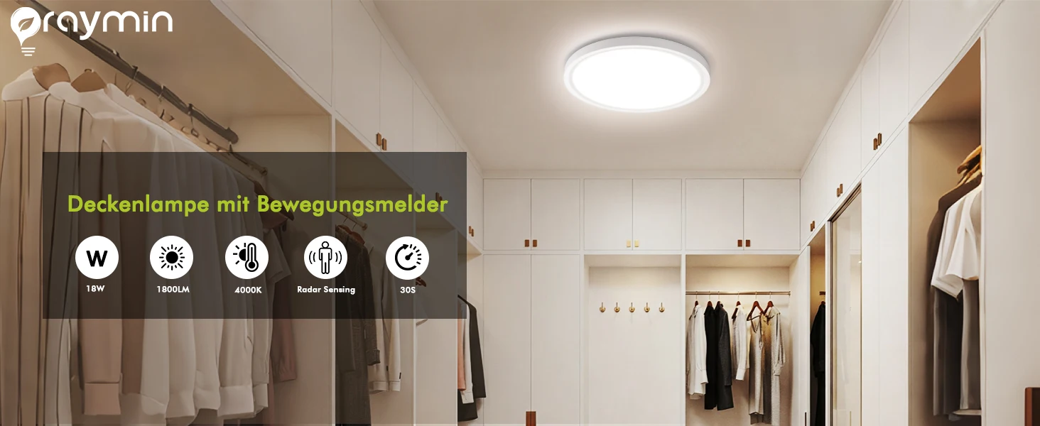 LED-Deckenleuchte mit Radar-Bewegungssensor, 18W 1800LM IP44 4000K Neutralweiß, Ultraflach Ø23cm für Flur, Treppe, Keller – Detail 1