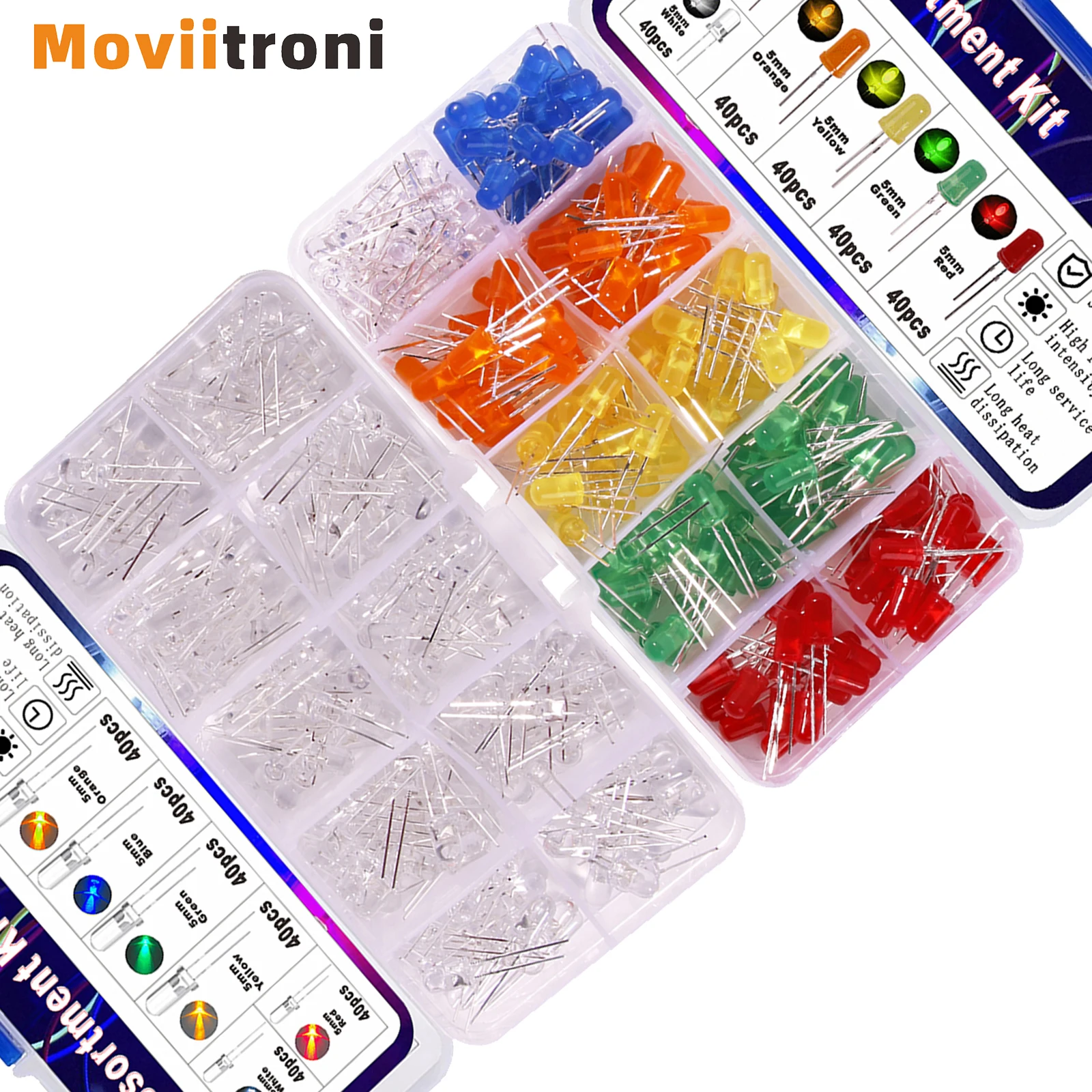 240pcs Led Diode Lights Assortment Kit 3mm/5mm Transparent Light Emitting White Green Red Blue Yellow Orange