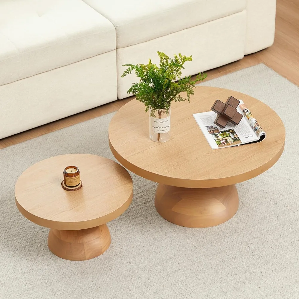 

Wood Round Nesting Coffee Table Set of 2, Circle Accent Tables with Unique Semi-Circular Legs, Mid Century Modern Side