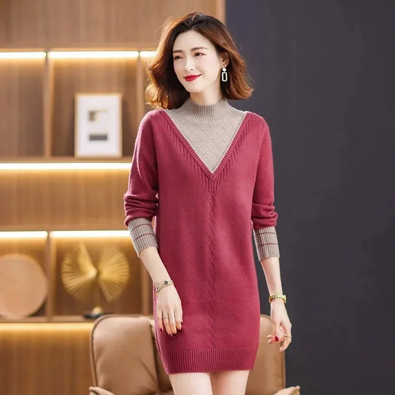 

Long Sweater In Autumn Winter Women's Fashion Loose Pullover Dress Ladies Fake Two Pieces Semi-High Neck Knitted Bottoming Shirt