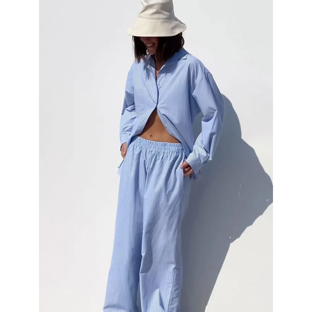 

Summer New Women's Long Sleeve Shirt and Wide Leg Pants Set Blue/Grey/Pink Striped Tracksuit 2 Pcs Vacation Outfits