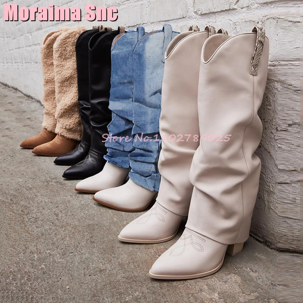 

Lamb Wool Pointed Toe Knee High Boots Block Chunky Heel Slip On Fashion Turned-Over Edge Women Long Western Boots Autumn Winter