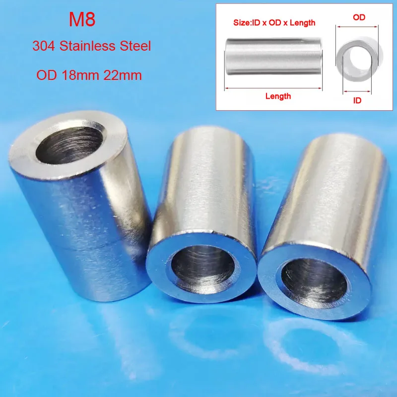 1-2pcs M8 304 Stainless Steel Bushing Washer Od 18mm 22mm Metal Gasket Round Hollow Unthreaded Standoff Spacer Sleeve