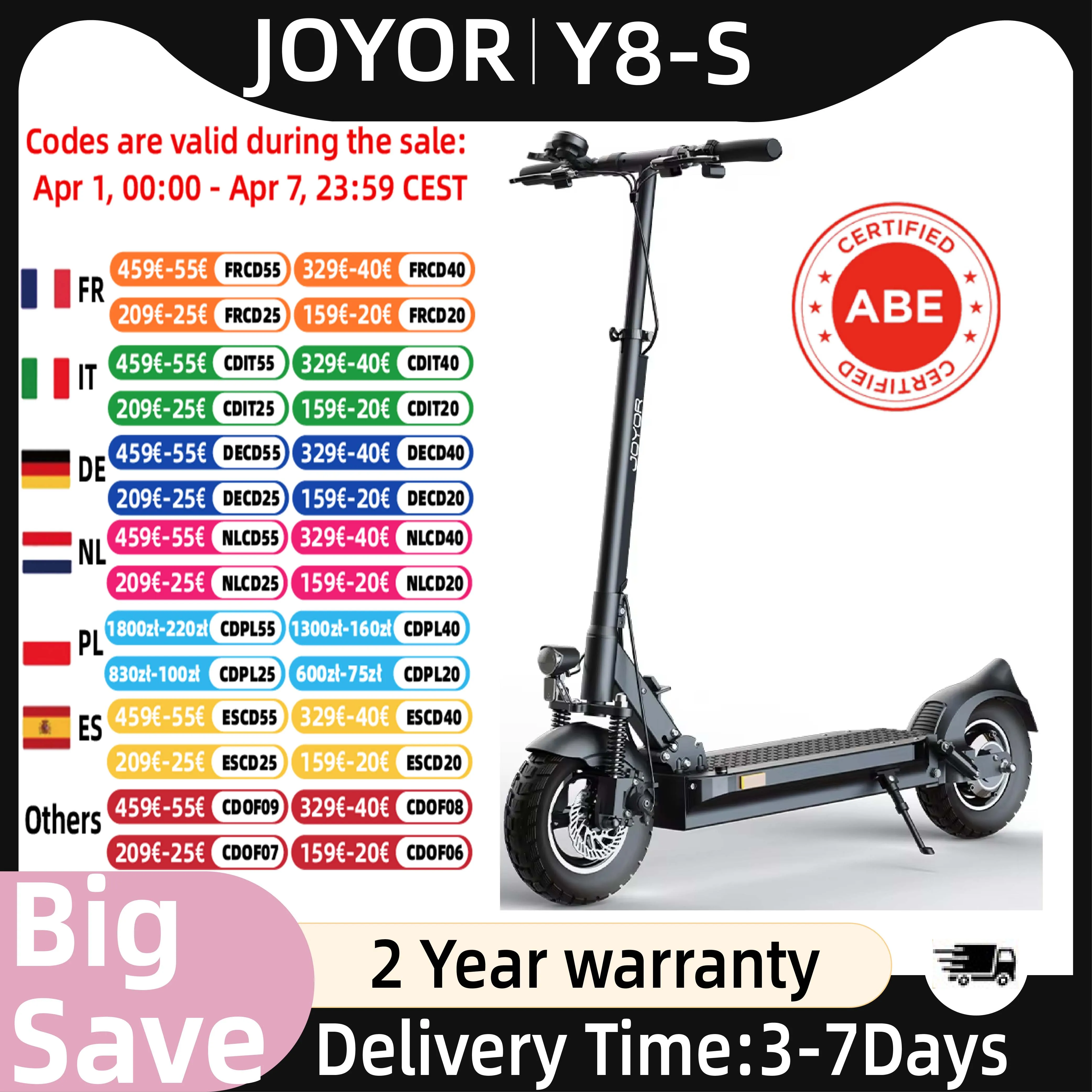 Trottinette électrique JOYOR Y8-S (ABE) 500W 48V 26AH Batterie grande capacité 110KM d'autonomie Roue de 10 pouces Trottinette électrique urbaine pour adultes