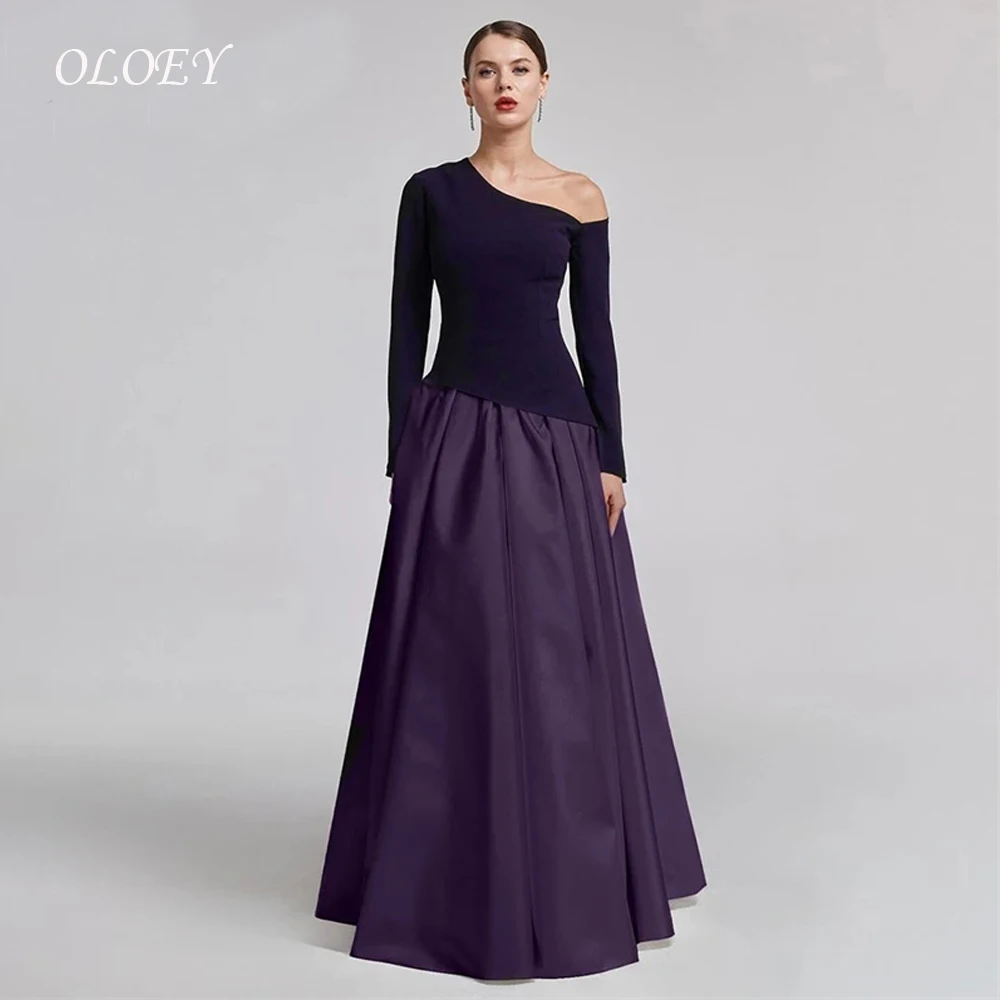 

OLOEY Simple A-line Purple Evening Dresses Long Sleeves Draped Prom Gown Customized Party Dresses For Women vestidos de fiesta