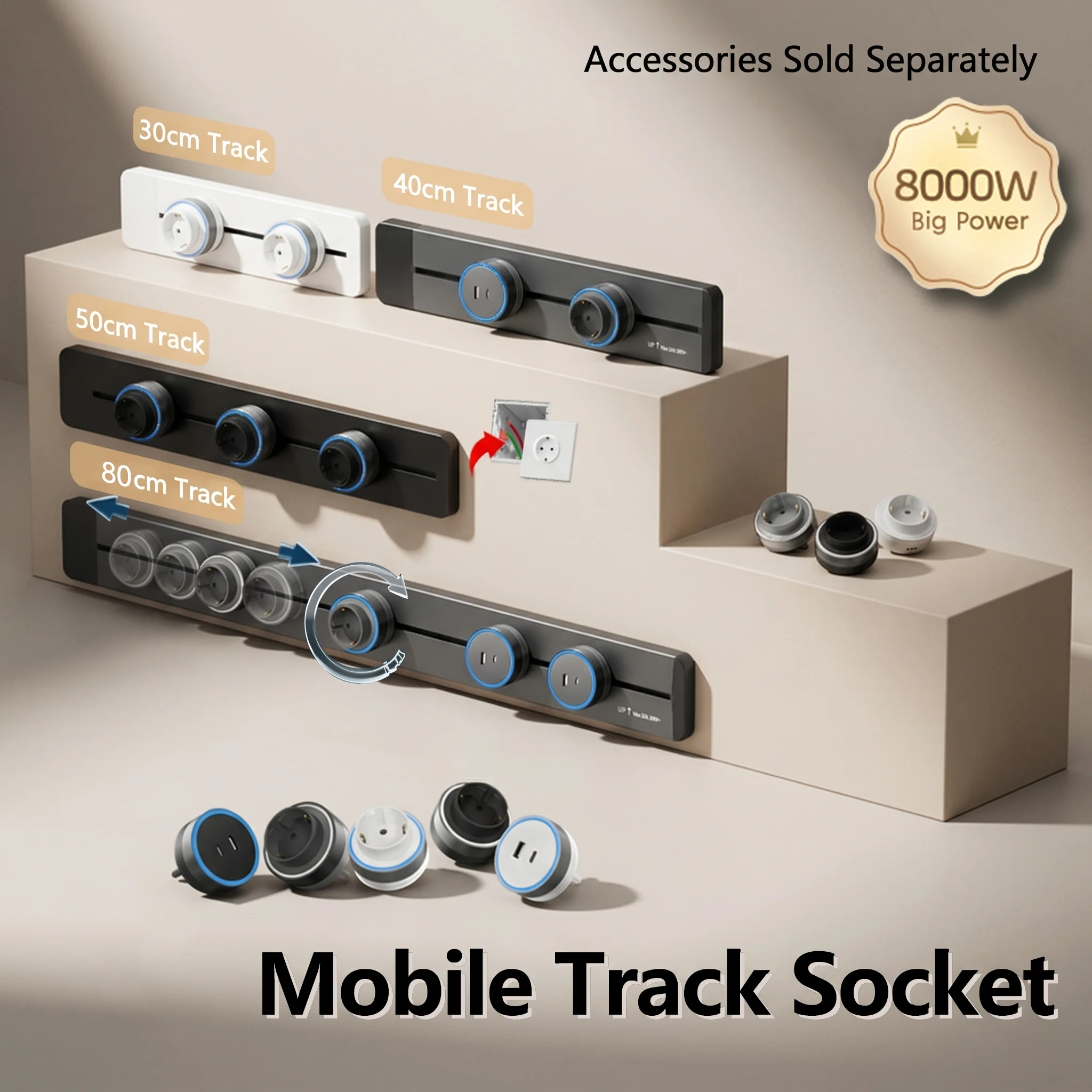 8000W EU Wall Mounted Track Socket Power Rail Combo Set with Free EU Sockets Rotatable Opt USB Type C Adapter for Kitchen Home