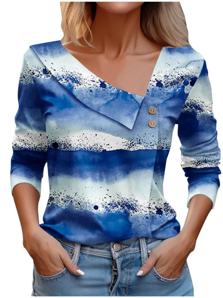 

2024 T-shirts Spring Women's New Floral Printed Long Sleeve Tops Buttons Tie Dye Pullover Tees Slim Casual Elegant Ladies Shirts