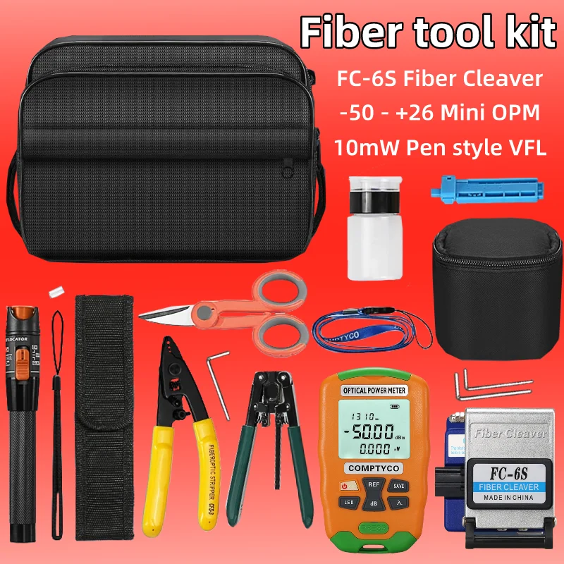 

FTTH Fiber Optic Tool Kit With FC-6S Fiber Cleaver -50 - +26 Optical Power Meter Tester Fiber Stripper 10mw Visual Fault Locator