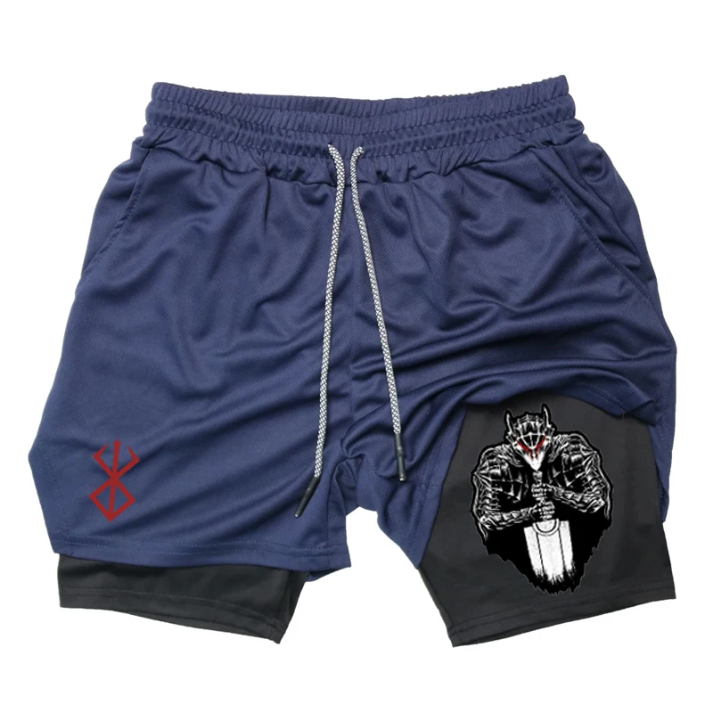 Shorts respiráveis masculinos de secagem rápida, dois em um, dois em um, shorts fitness anime, estampa diabo, corrida de praia, verão