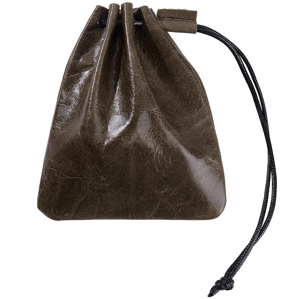 Cowhide Jewelry Cosmetics Storage Bag with Drawstring Cord Rectangle Coffee 14.5cm