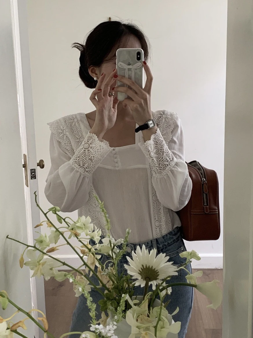 

Candy Miss Korean Sle Dongdaemun Gentle Personali Front And Ba Wear Design Свободное кружево irt для женщин для поездок на работу Sle Pure Color