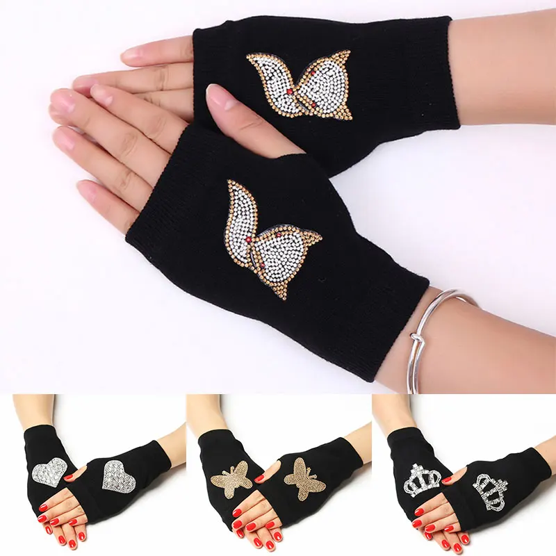 Knitted Half Finger Mitten For Women Fingerless Animals Pattern Hot Fix Decor Rose Embroidery Gloves Winter Warm Gloves Fashion