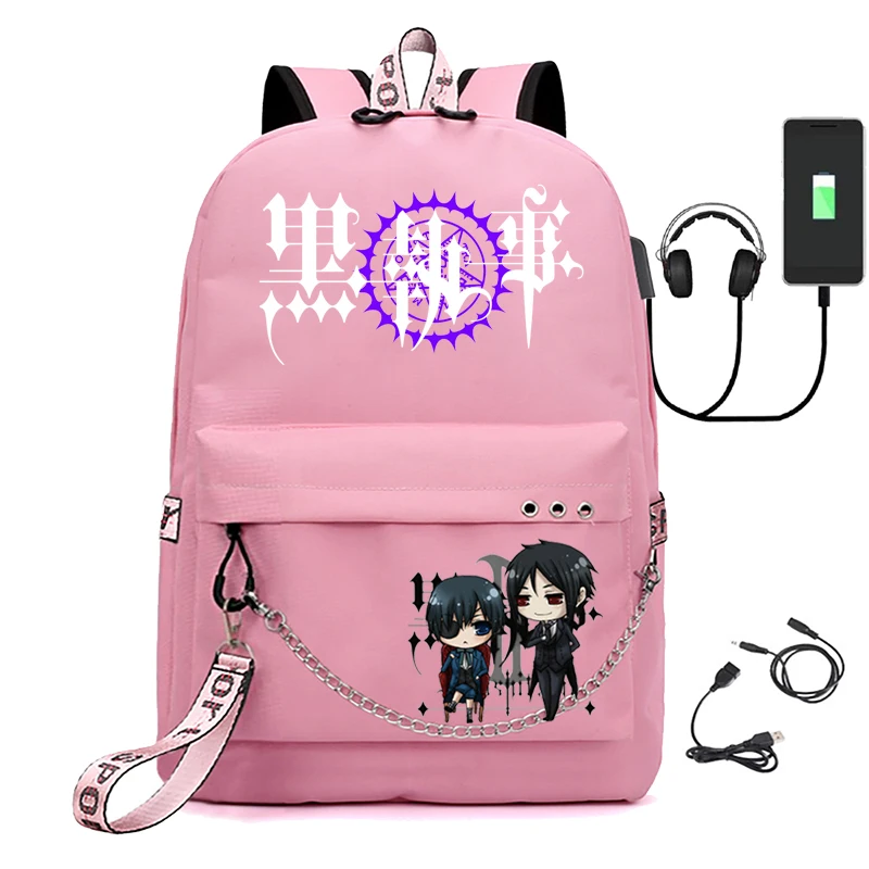 School Bag Travel Laptop Chain Backpack Headphones USB Port Backpack Black Butler