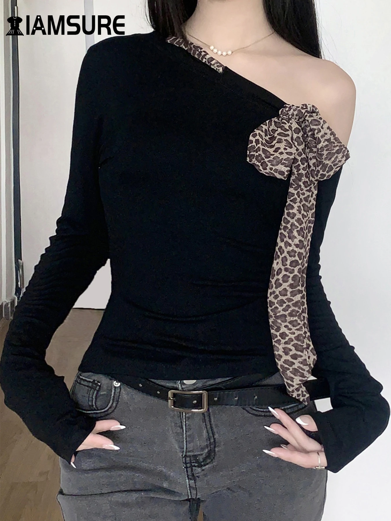 IAMSURE Casual Leopard Bow T Shirt Slim Bandage girocollo manica lunga Tees donna 2024 autunno primavera Fashion Streetwear Ladies