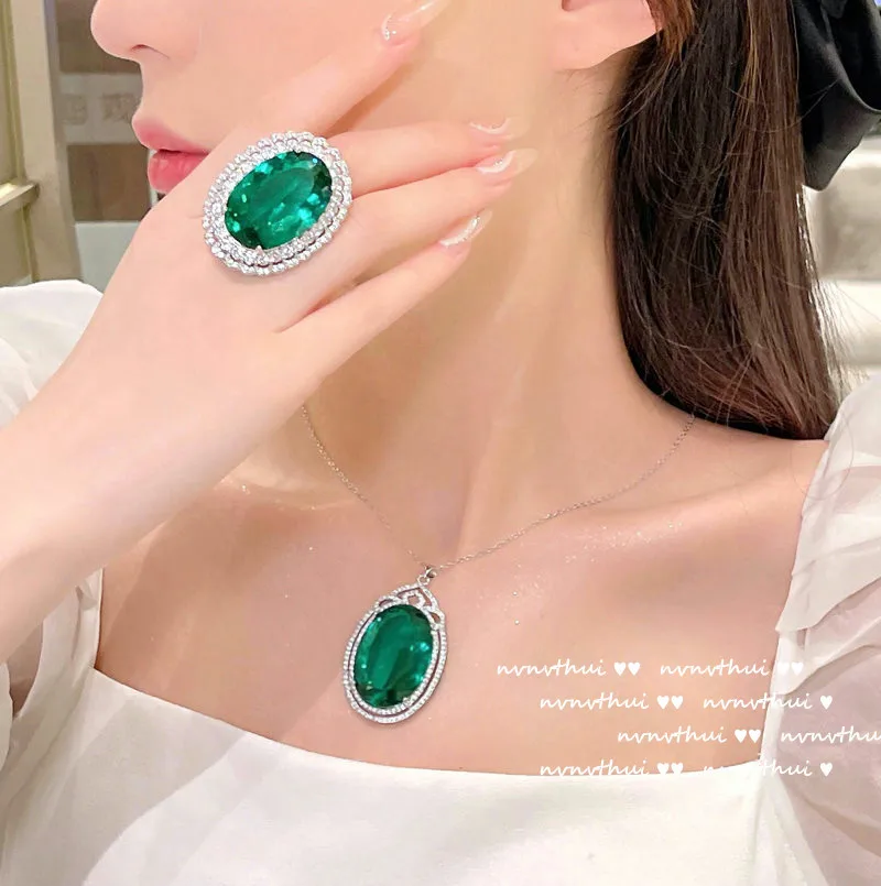 Exaggerated 12 Carat Pigeon Egg Lab Emerald Crystal Jewelry Set 925 Silver Color Green Cubic Zirconia Fashion Open Ring Necklace