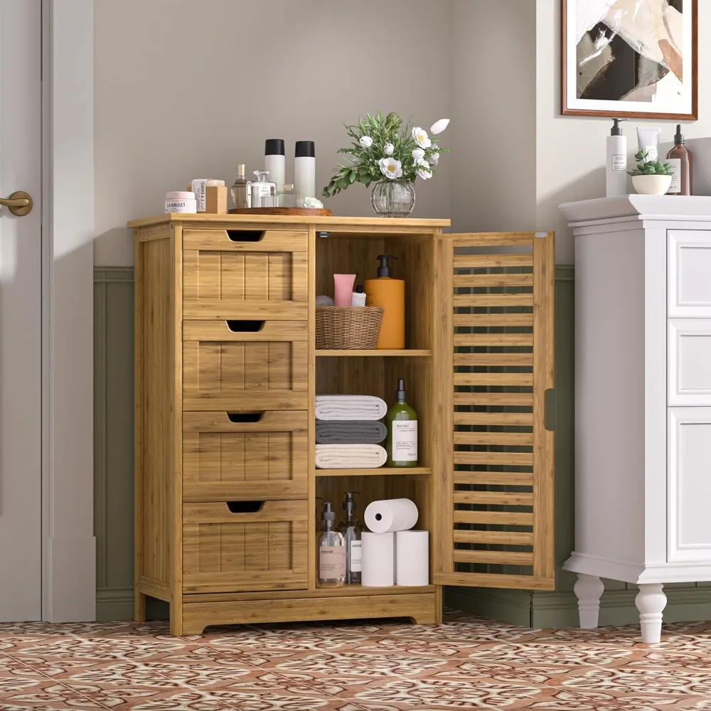 

Bathroom Floor Storage Cabinet with 4 Drawers, Freestanding Bamboo Cabinet with 2 Removable Shelves, Living Room Organizer