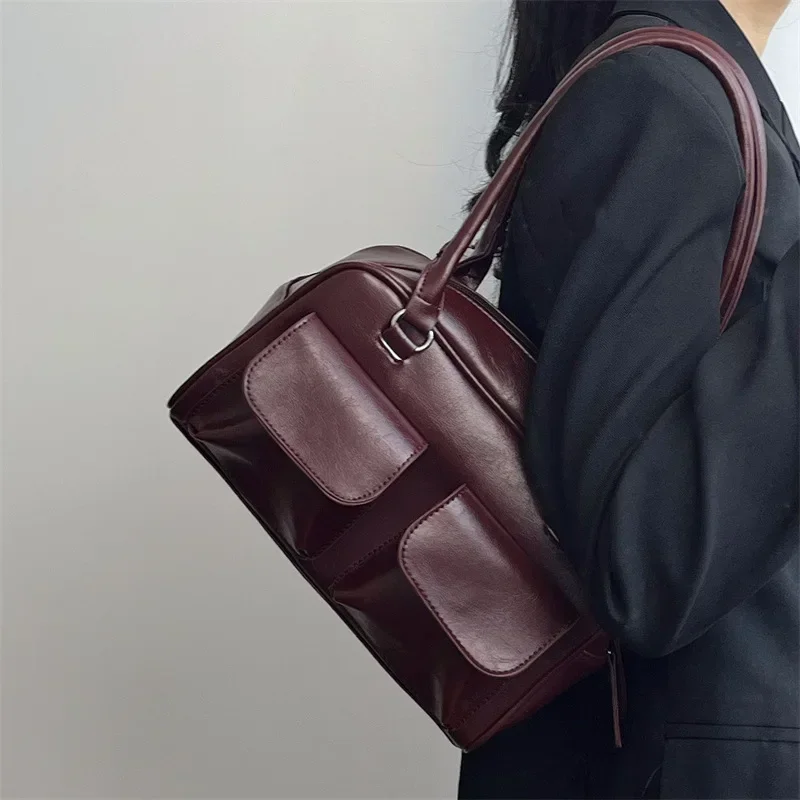 Vintage Women Business Shoulder Bags Simple Ladies Commute Tote Bag Pu Leather Female Underarm Bag Burgundy Large Handbags Purse image 2