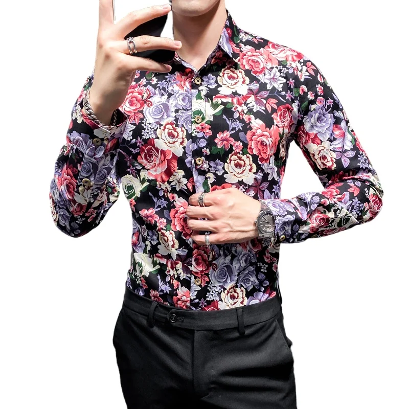 

Single Breasted Men Long Sleeved Lapel Printed Shirt, Asian Size Slim Fit Cotton Shirts, Hawaiian Beach Top Camisa M-4XL 5XL