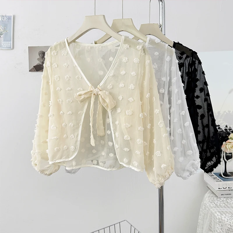 

Gagarich Gentle Style Bow Tie V-neck Long Sleeved Sun Protection Cardigan Women Summer 2025 Thin Layered Cover Shawl Top