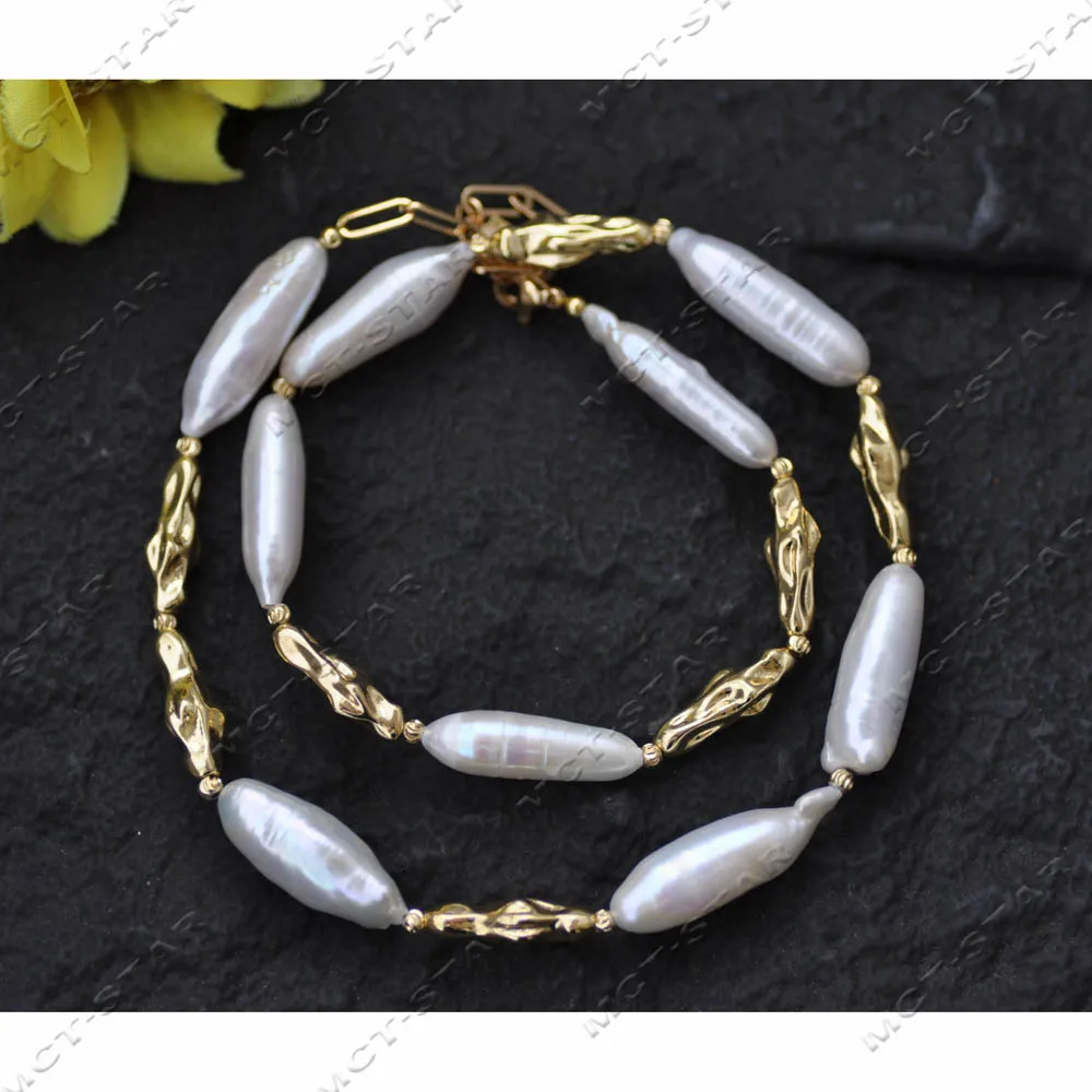 

Z14259 Real 17" 30mm White Cylindrical Freshwater Pearl Golden Bead Necklace