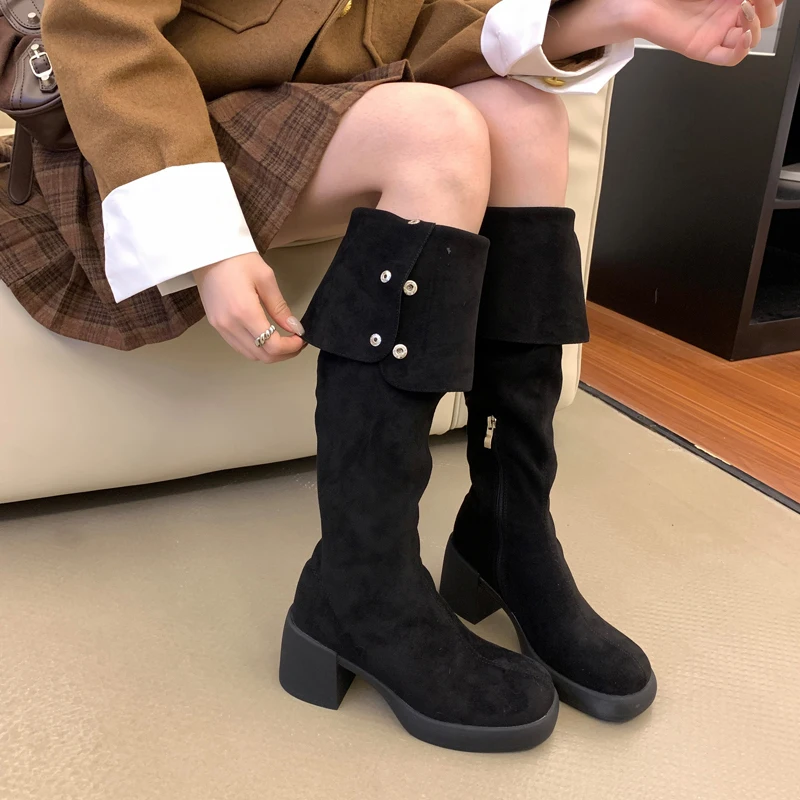 

Sheepskin Female Thick Heels Autumn Zipper Elastic Knee High Boots For Women Tube buckle Thigh Gigh Boots Black Botas Mujer 2024