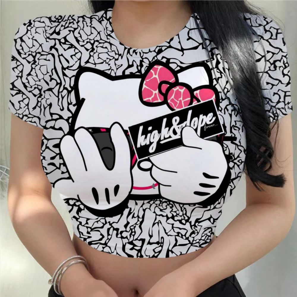 2024 damska letnia koszulka z krótkim rękawem Hello Kitty z nadrukiem wokół dekoltu krótkie topy ultrakrótki seksowny damski prosty modne t-shirty