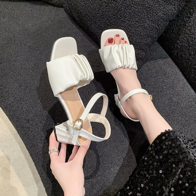 Plus Size 41 42 New Fashion White High Heel Shoe Buckle Grace Dress Female Designer Party Shoes 2024 Summer Women's Sandals New