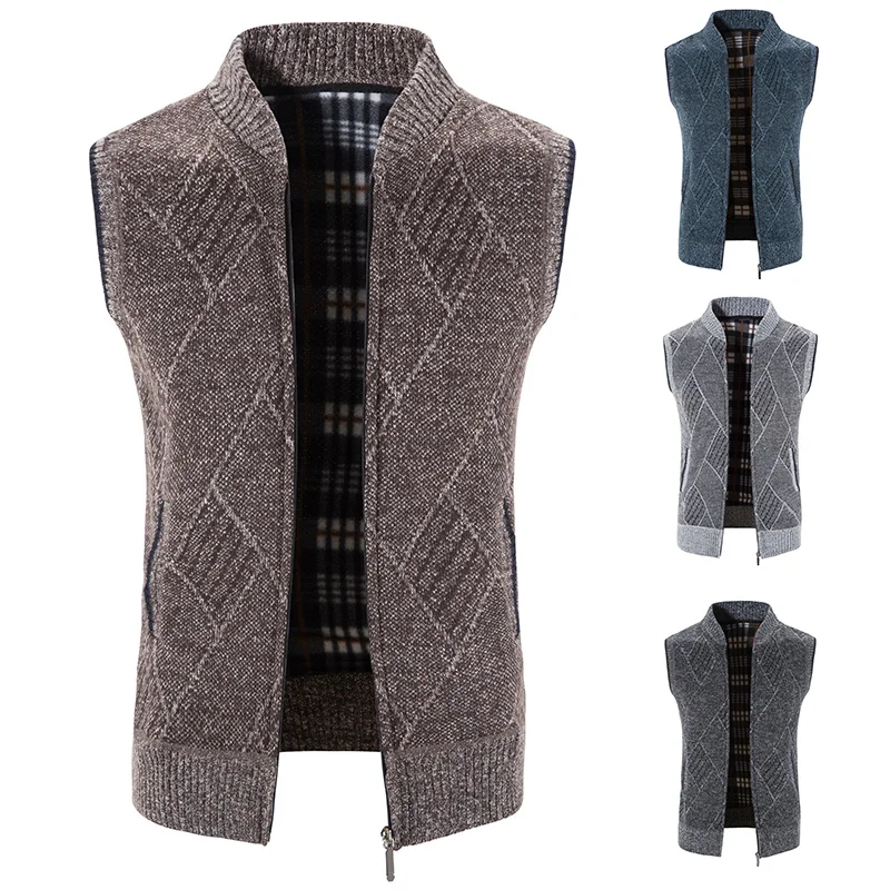 Mens Sleeveless Jackets Knitted Sweater Autumn Spring New Male Cardigan Zip Up Knitted Coat Turtleneck Fleece Warm Cold Blouse