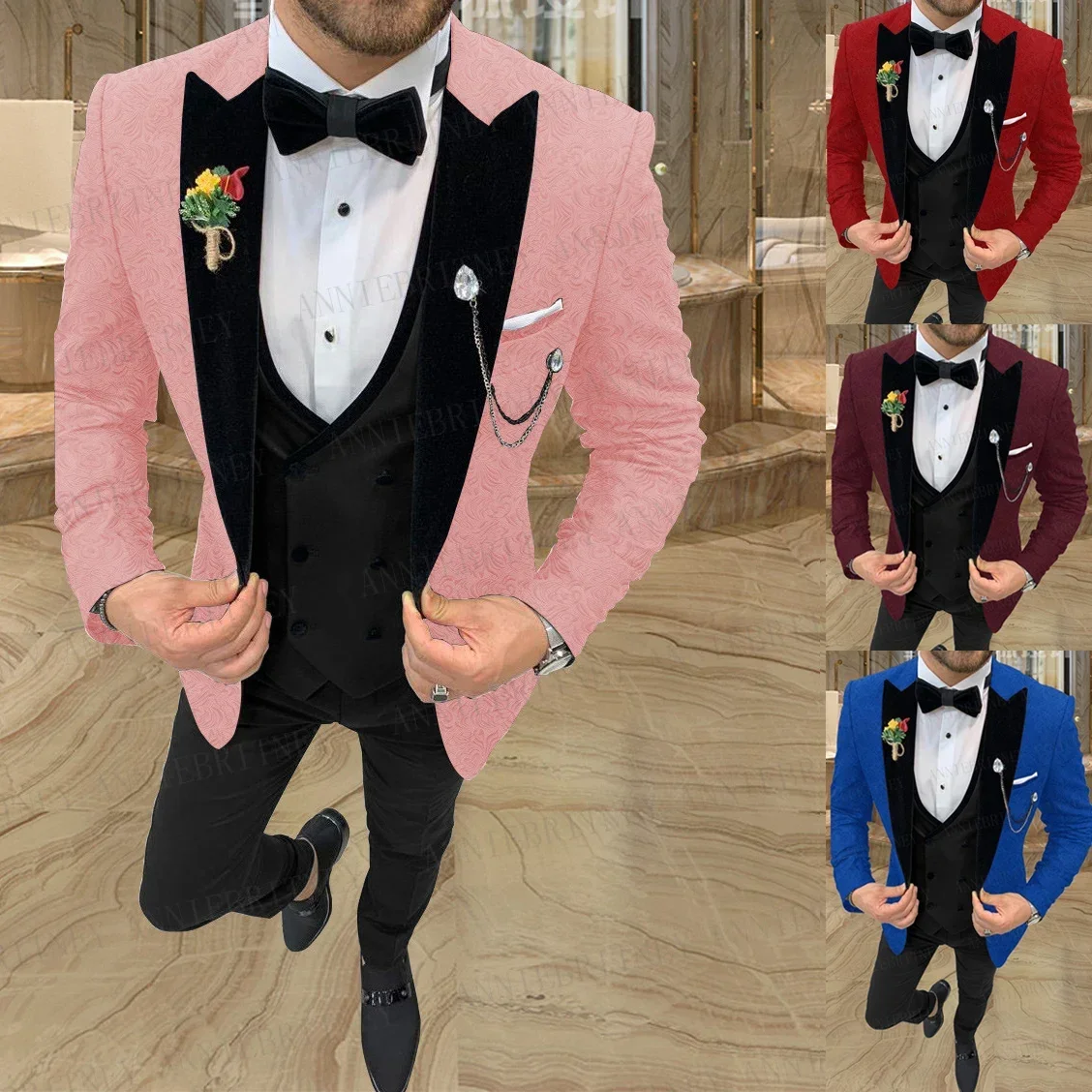 

2024 Latest Fashion Luxury Jacquard Formal Wedding Men Suit Groom Tuxedo Prom Slim Fit Blazers High Quality Custom 3 Piece Set