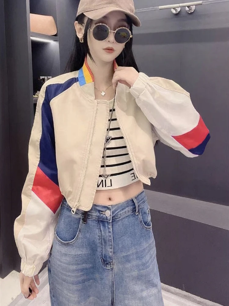 2026 Spring Autumn Women Retro Color Block Baseball Jacket Rainbow Collar Varsity Casual Streetwear Coat