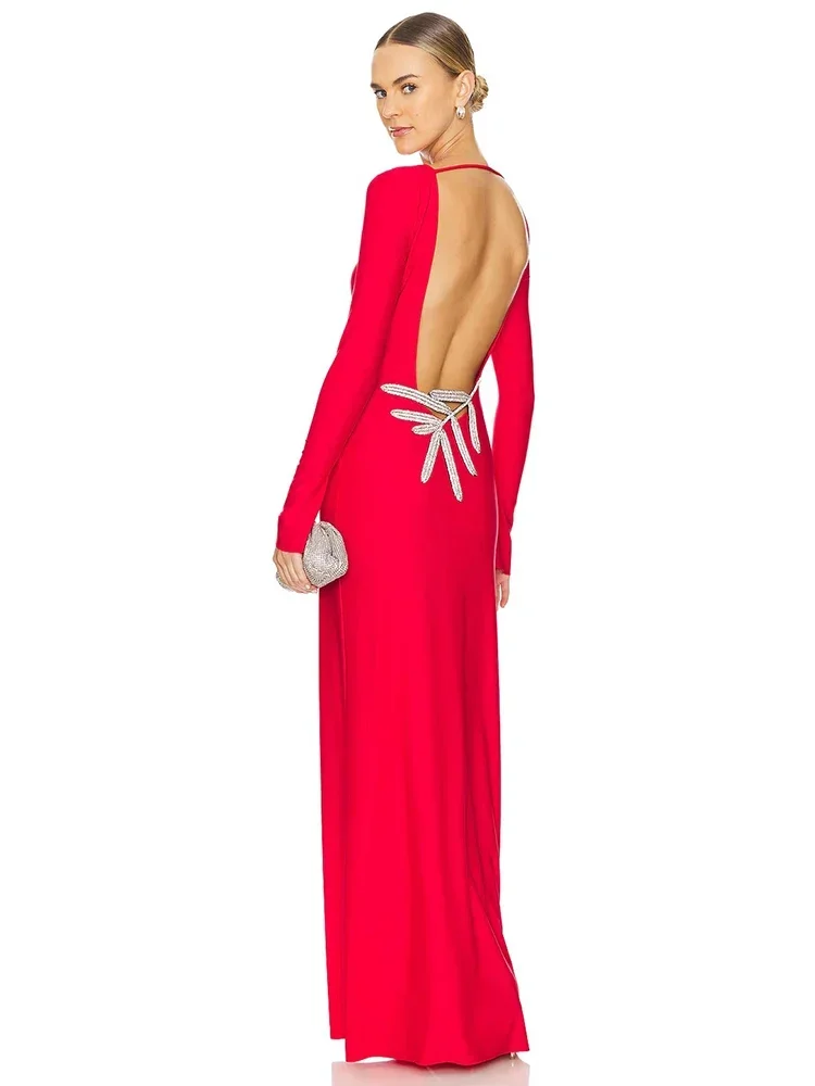 Sexy cuello redondo sin espalda de lujo diamantes apliques Maxi vestidos mujeres elegante rojo manga larga ceñido al cuerpo Celebirty vestidos de fiesta de noche