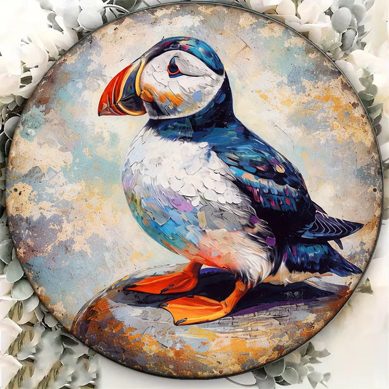 2D Flat, 1pc 8x8in/20x20cm 2D Flat Round Sign, Vintage Puffin Plaque, Seabird Decorative Sign, Suitable for Living Room Decor, B