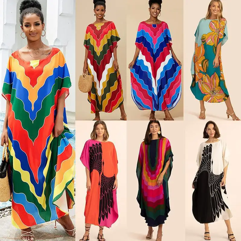 Multicolor Striped Kaftan Bohemian Printed Bikini Cover Up Batwing Sleeve Maxi BeachDress Women Beachwear Maxi Dress Robe