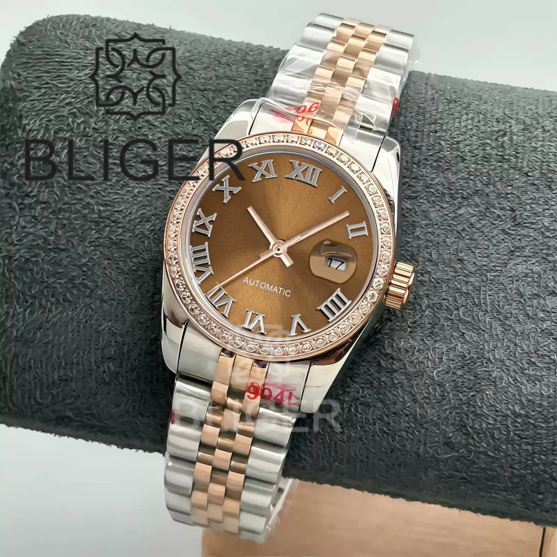 BLIGER 31mm Luxury Decorated Diamond Lady's Watch NH05 Two Tone Rose Gold Case Sapphire Glass Brown Sunburst Dial Roman Number