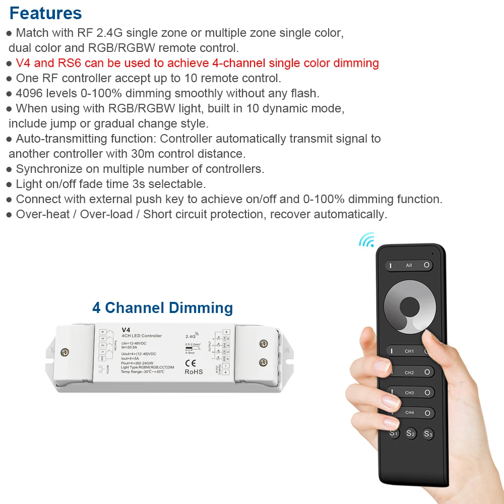 LED Dimmer V4 12VDC 24V 36V 48V 4Channels Push Dim Switch PWM RF 2.4G Wireless Remote RS6 Control for Single Color LED Strip