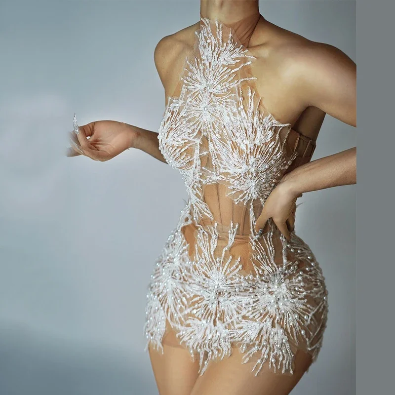 Kerst Sneeuwvlok Parels Pailletten Jurk Vrouwen Vieren Avondjurken Sexy Perspectief Gogo Kostuum Stage Festival Outfit