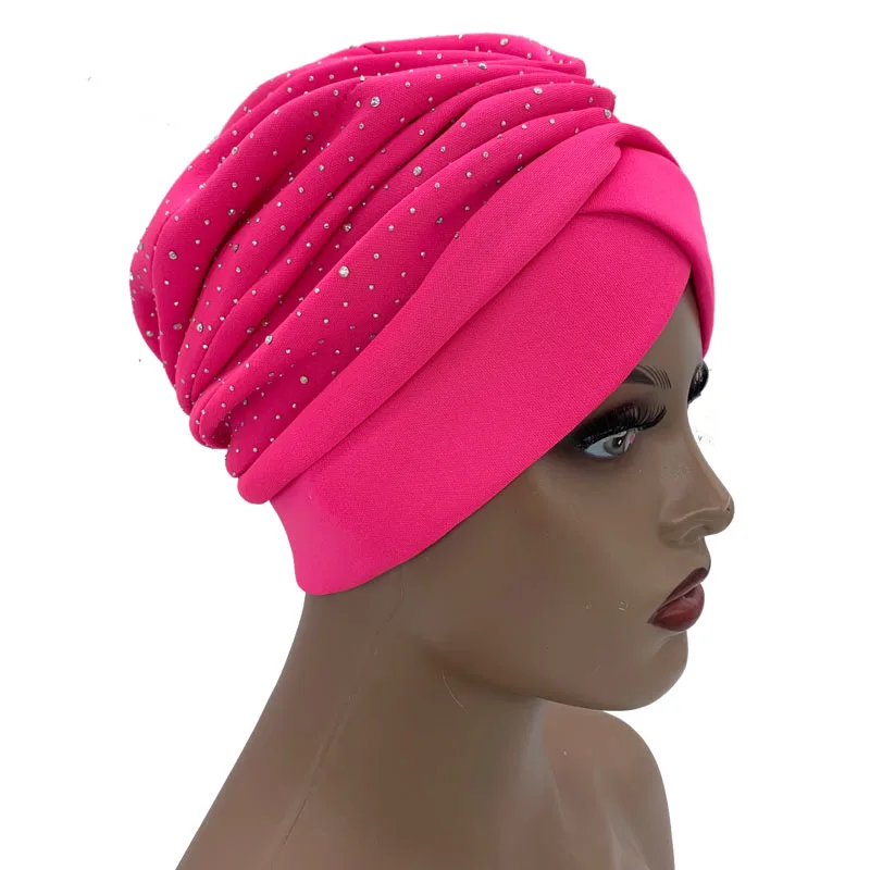 Glitter Diamond Pleated Turban Hat for Women Muslim Headscarf Cap Lady Head Wrap Bonnet Fashion Hijab Turbans African India Hats