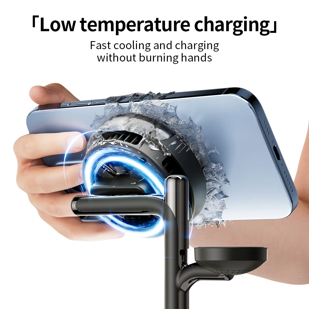 6 in 1 Wireless Charger Station,25W Qi2.2 Fast Charging Stand with Semiconductor Cooling Fan,Bluetooth Speaker,Alarm,Night Light
