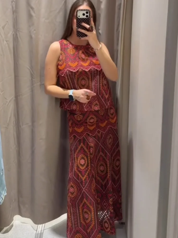 HH Woman Spring Fashion Sleeveless O-Neck Short Tops+Side Zipper Pleated Midi Skirt Casual Hollow Embroidery Printed 2 Piece Set