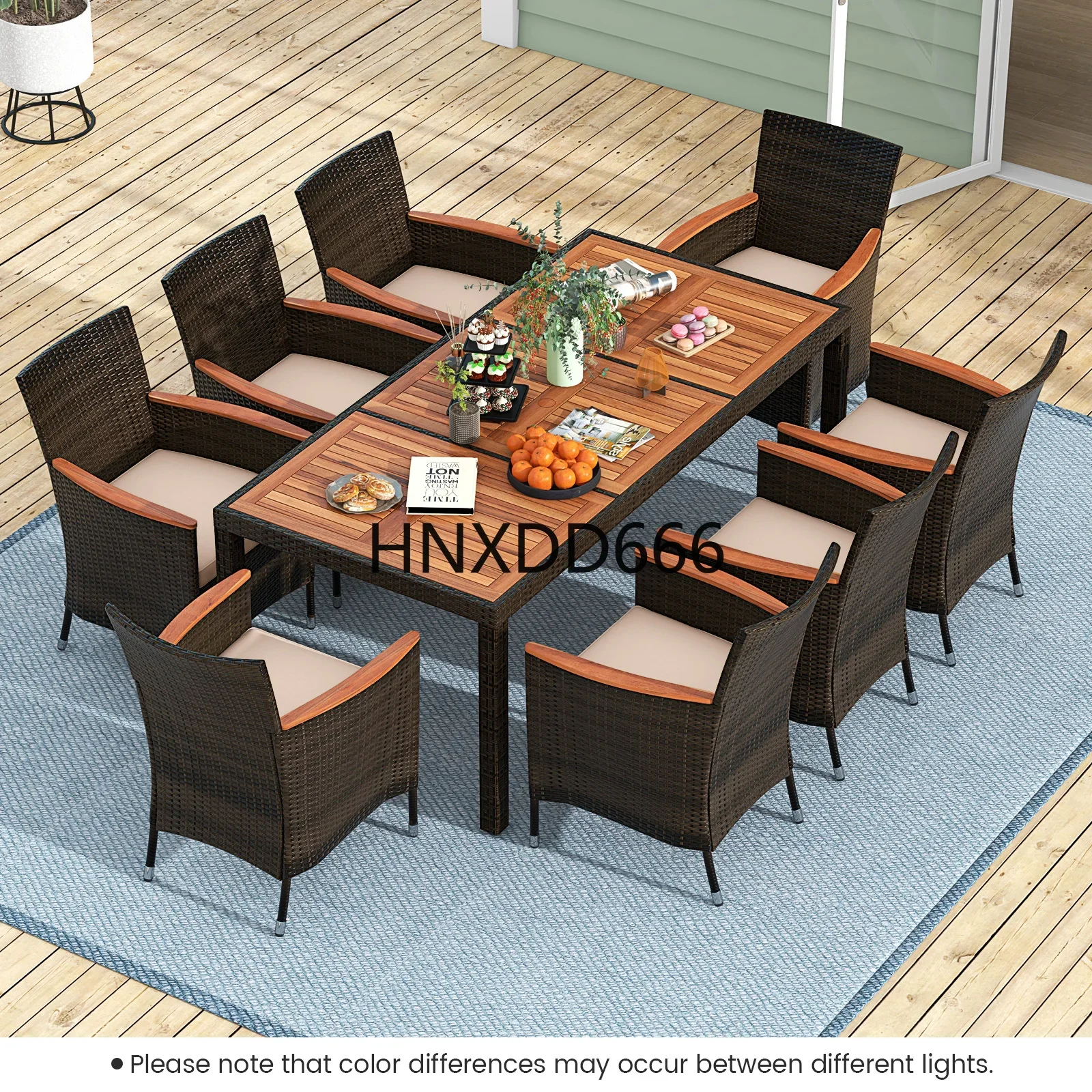 9PCS Patio Wicker Dining Set Acacia Wood Table Top Umbrella Hole Cushions Chairs