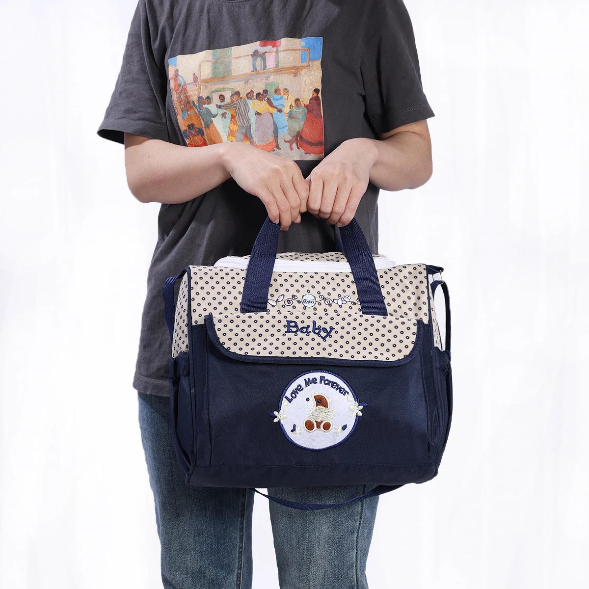 حقيبة الأم العصرية المطبوعة الكرتونية متعددة الوظائف بكتف واحد، حقيبة حفاضات قطرية خفيفة الوزن #4