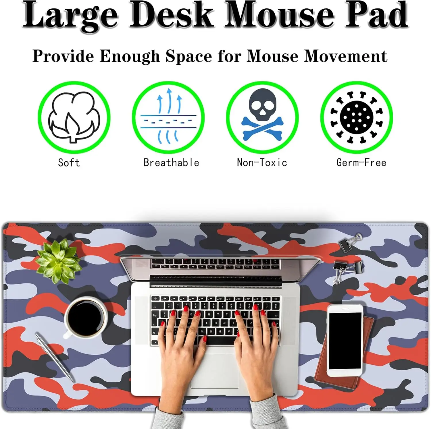 Camouflage with Red Spots Blue Desk Mat – XXL Waterproof Mouse Pad with Non-Slip Base for Gaming & Office