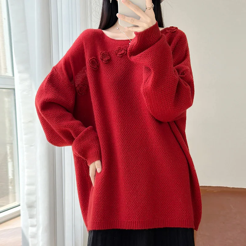 Heavy hand-embroidered 100% pure cashmere sweater knitted sweater belt loose temperament bottoming coat