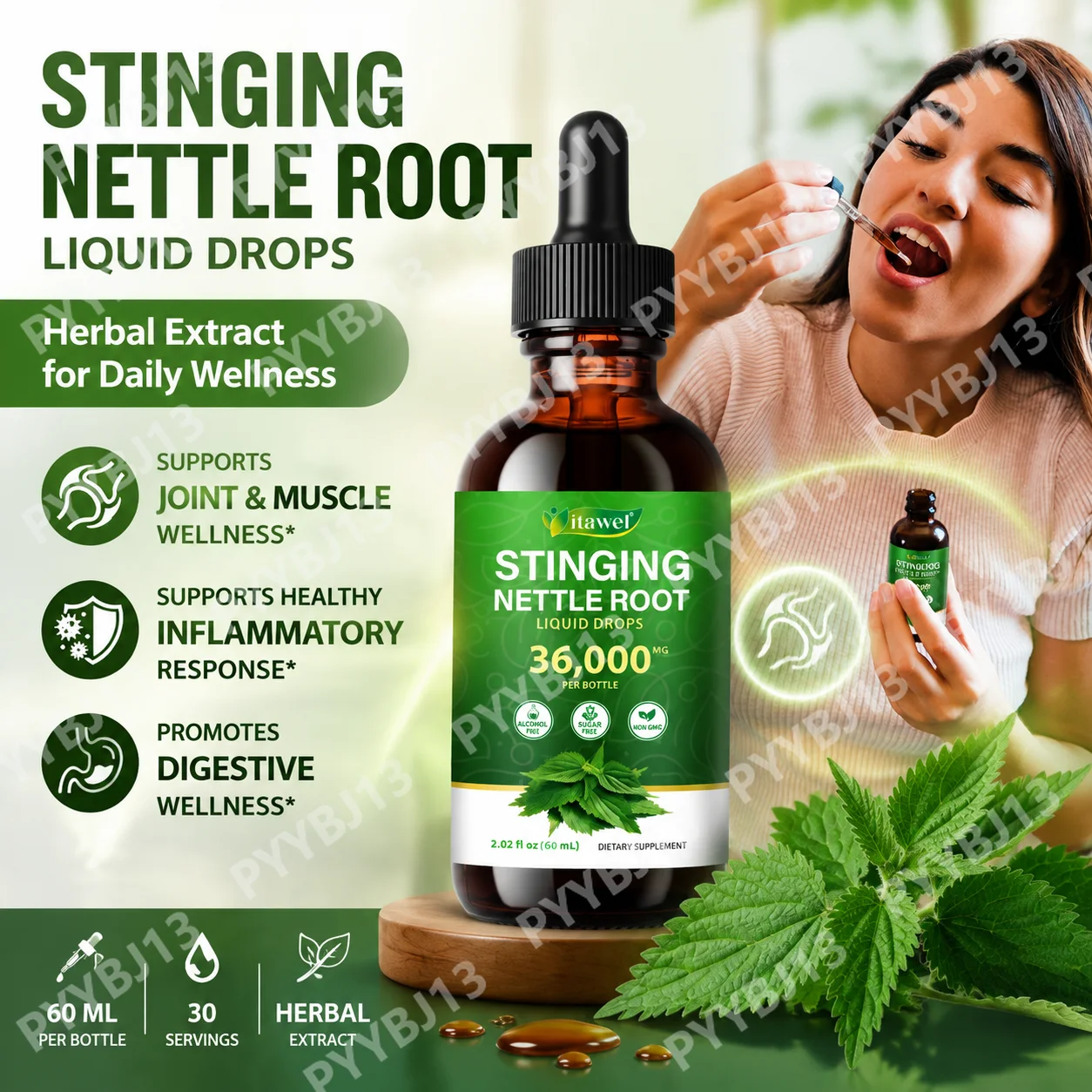 Itawel Stinging Nettle Root Liquid Drops, 36000mg 60mL Vegan Tincture, Alcohol‑Free Sugar‑Free, Boost Muscle Comfort,Circulatory