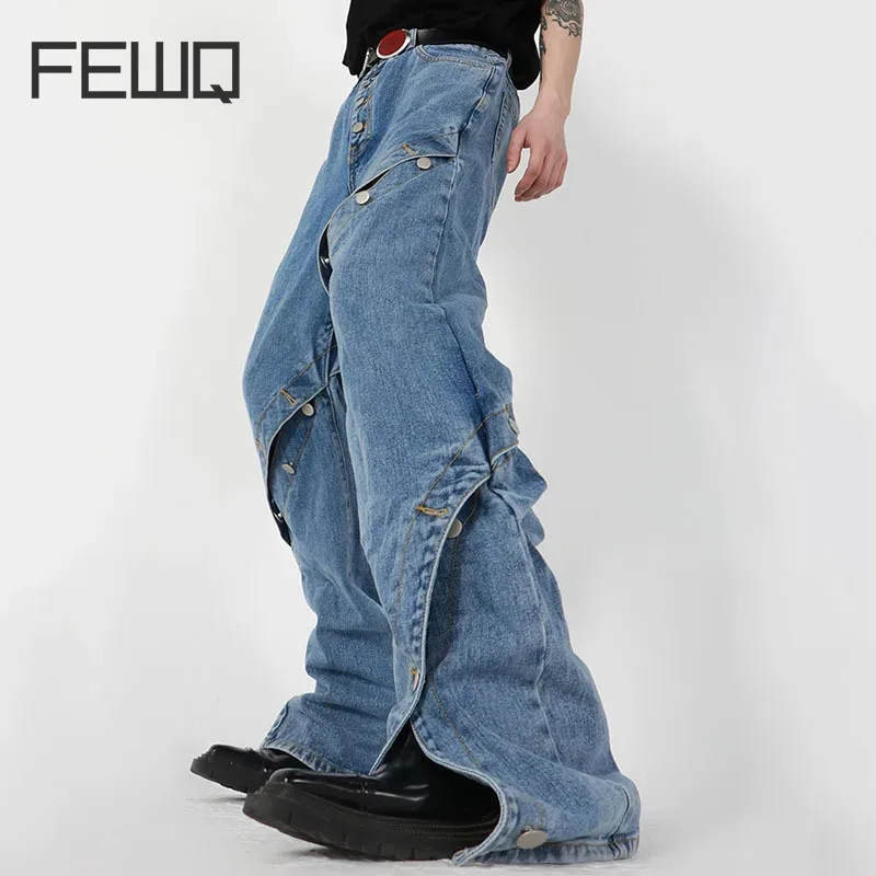 

FEWQ Niche Deconstruction Metal Button Design Wide Leg Jeans Loose Straight Pants Solid Color Male Trousers Casual 24E2173