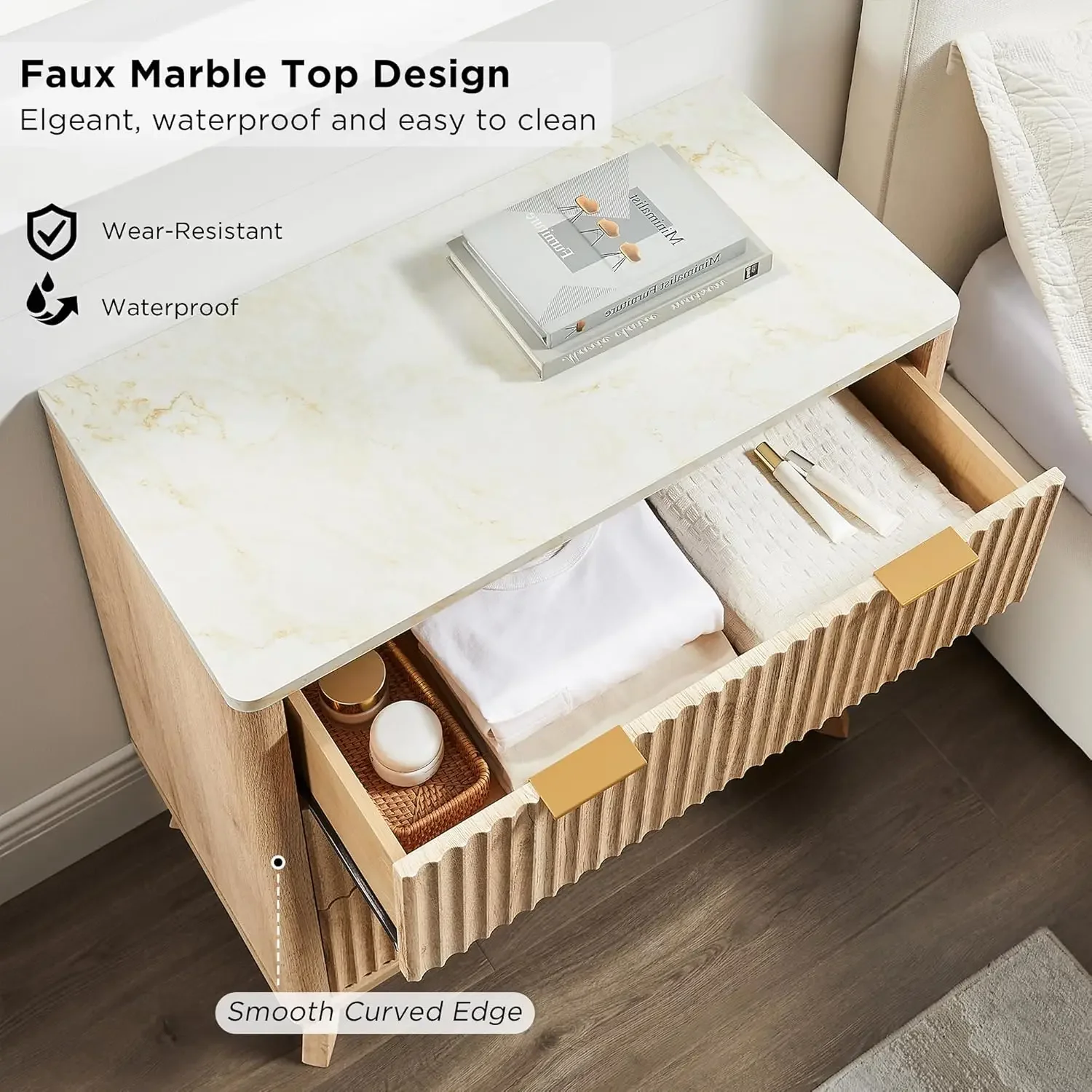[Ограниченный запас, купите сейчас! ] Высокая рифленая тумбочка 32 дюйма, набор из 2 шт., современный приставной столик со столешницей из искусственного мрамора, торцевой столик с 3 ящиками и разъемом
