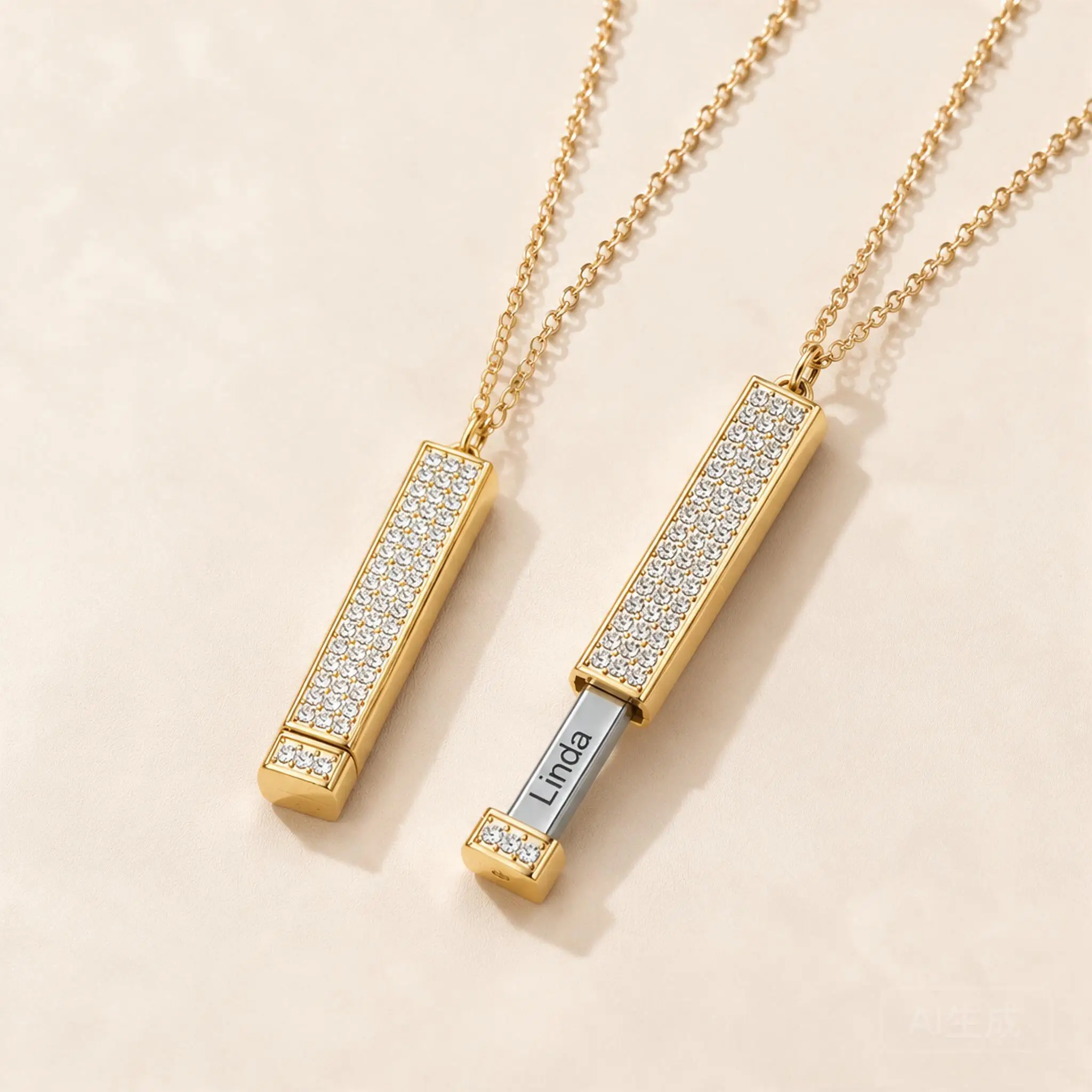 Luxuryized Hidden Message Pull Out Square Bar Necklace Paved Cz Stainless Steel Dainty Chain Available In Steel Rose Gold Gold